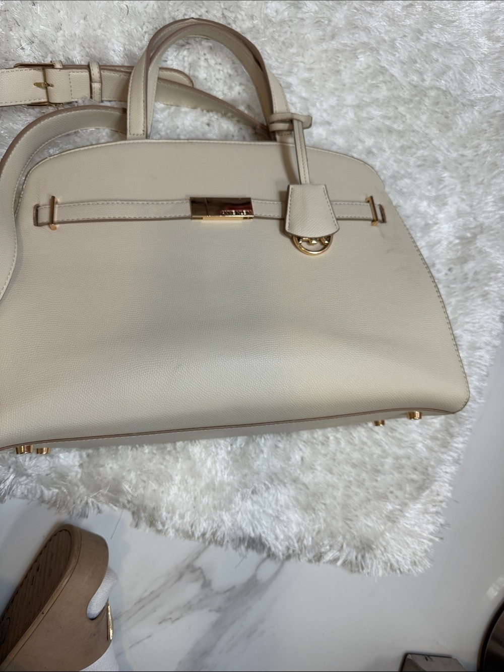 Cream Structured Top-Handle Satchel Bag with Gold Hardware